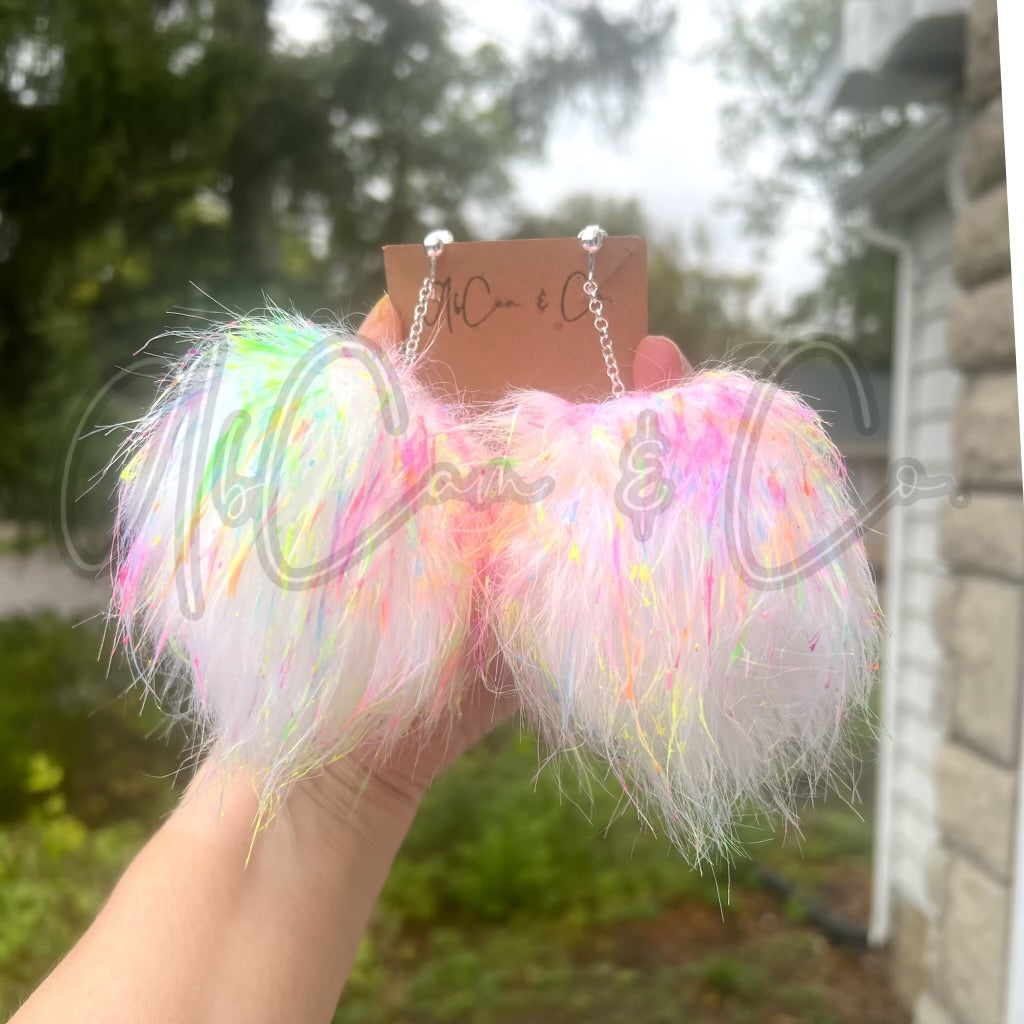 Neon Glow In The Dark Splattered Faux Fur Pom Earrings & Puffy Pom Hair Clips