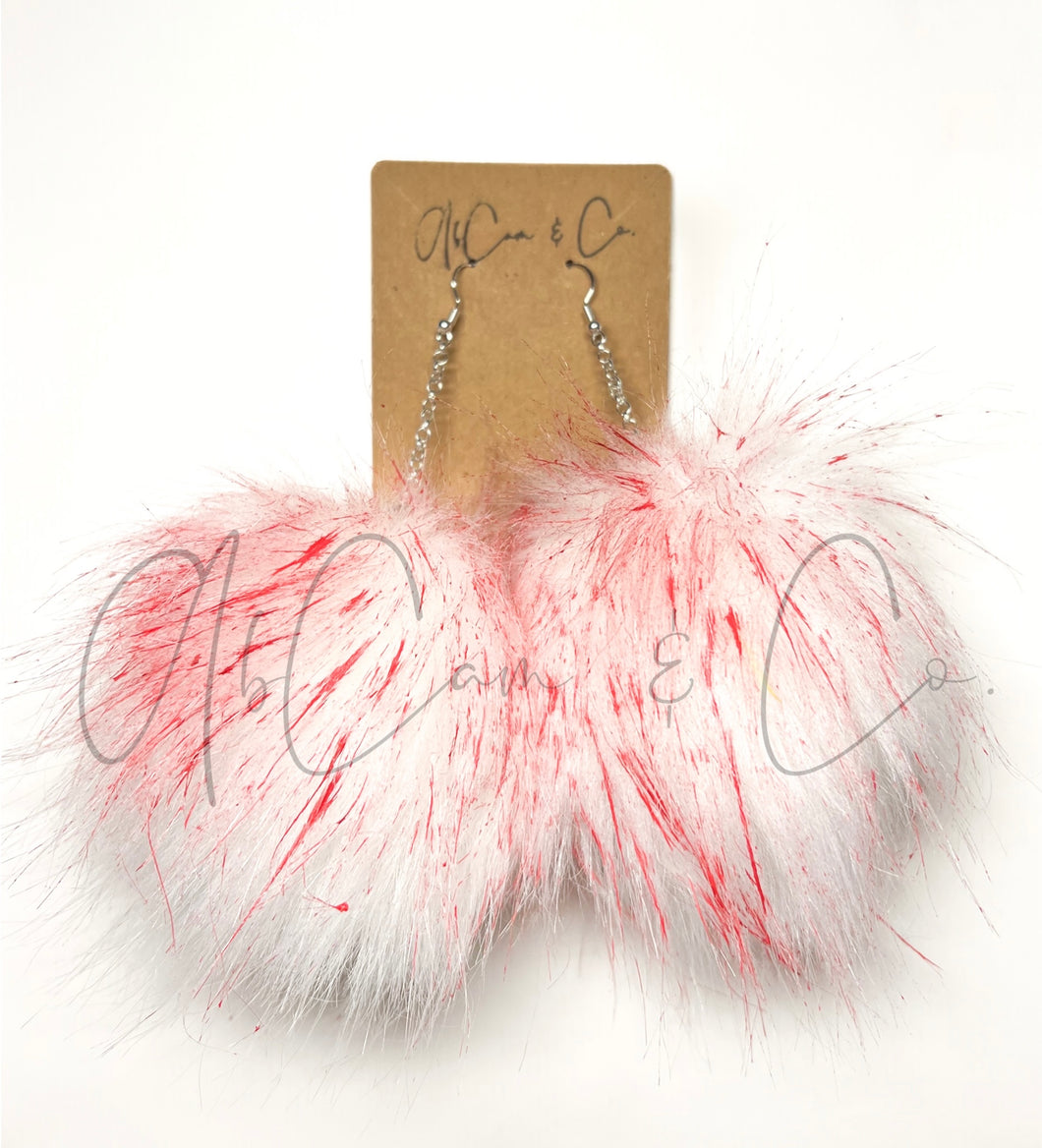 White Splattered Faux Fur Pom Earrings & Puffy Pom Hair Clips