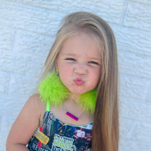 Load image into Gallery viewer, Sparkly Neon Lime Green Regular Size Fluffy Pom Earrings / Regular Size Puffy Pom Hair Clips
