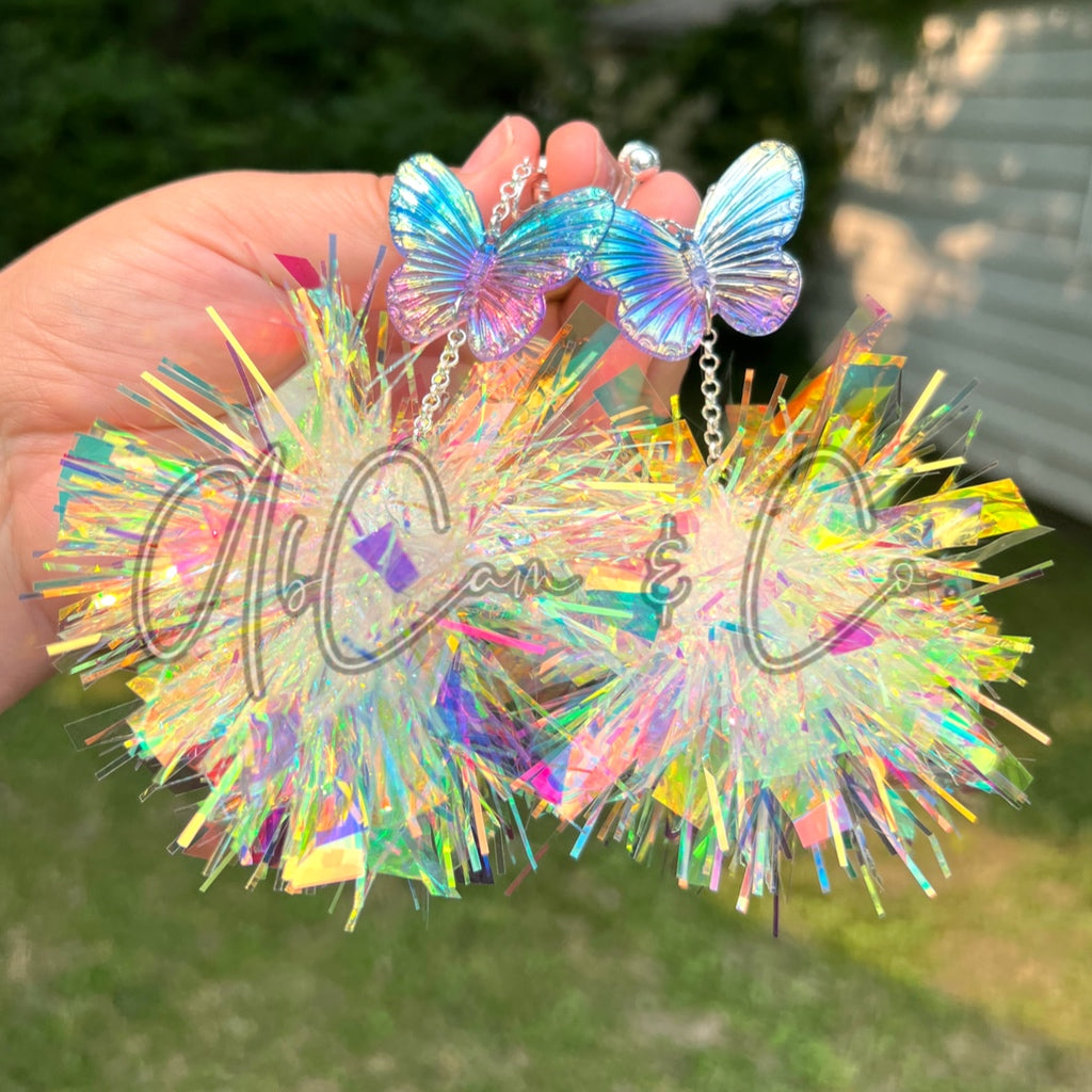 Iridescent Butterfly Tinsel Pom Earrings