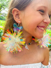 Load image into Gallery viewer, Iridescent Butterfly Tinsel Pom Earrings
