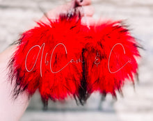 Load image into Gallery viewer, EXTRA Large Faux Fur Red Black Tipped Fluffy Pom Earrings

