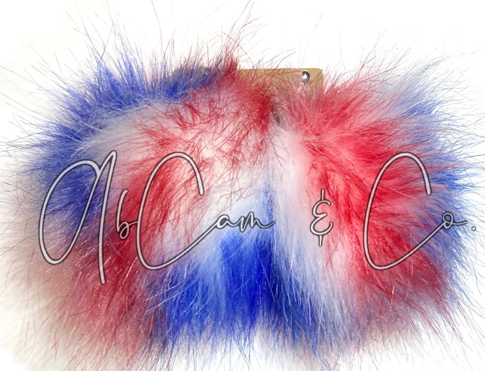 Hand Dyed RW&B Faux Fur Pom Earrings and Hair Poms