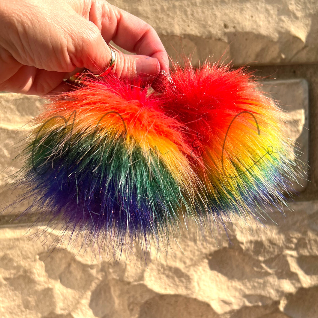 Hand Dyed Rainbow Faux Fur Pom Earrings and Hair Poms