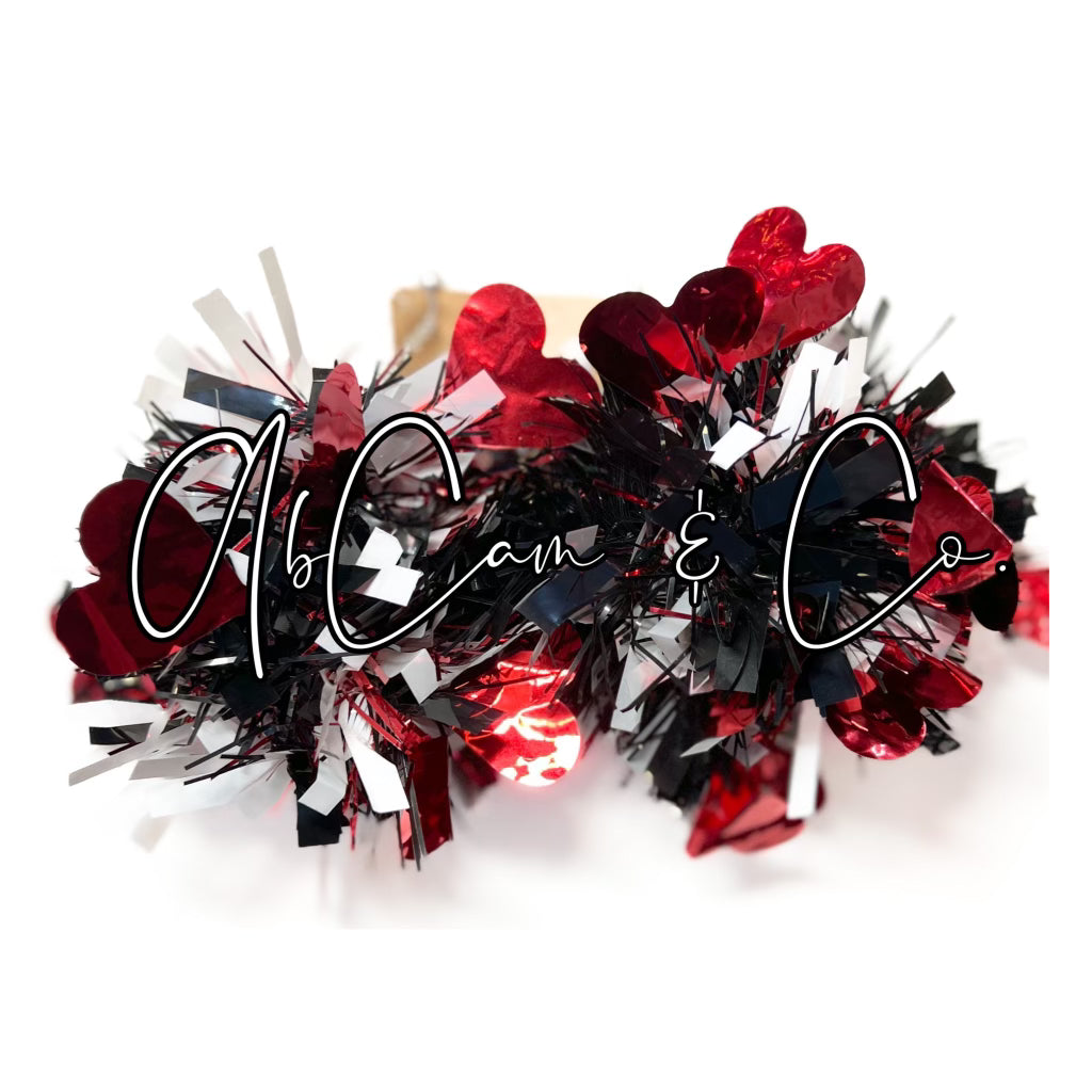 Black, White & Red Heart Tinsel Pom Earrings