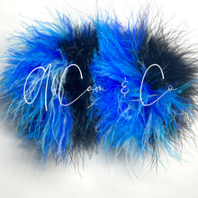 Load image into Gallery viewer, Black and Blue Large Plus Size Fluffy Pom Earrings / Large Puffy Pom Hair Clips
