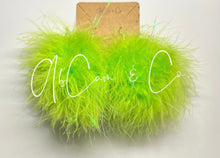 Load image into Gallery viewer, Sparkly Neon Lime Green Regular Size Fluffy Pom Earrings / Regular Size Puffy Pom Hair Clips
