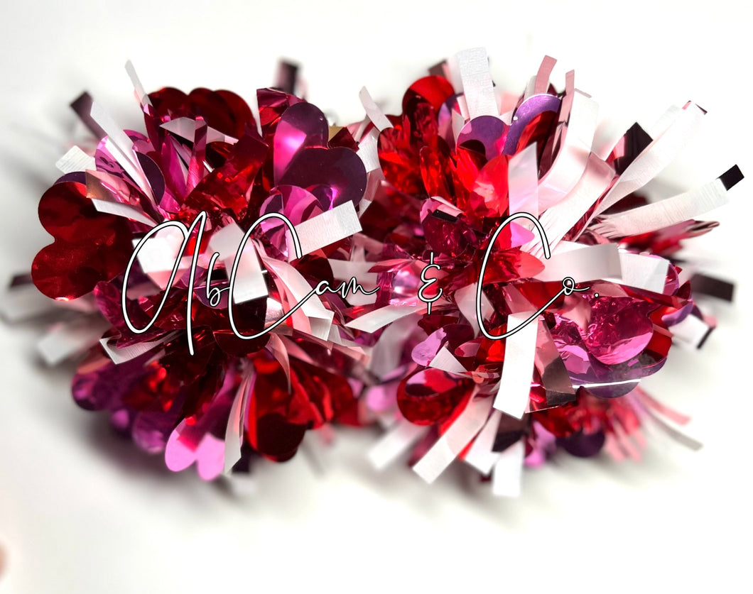 Red, Pink, & White Tinsel Sweetheart Pom Earrings / Tinsel Pom Hair Clips