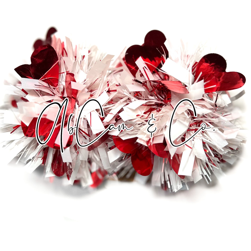 White & Red Heart Tinsel Pom Earrings / Tinsel Pom Hair Clips