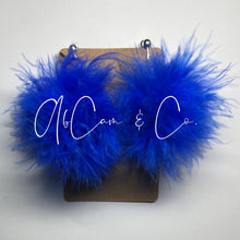 Load image into Gallery viewer, Royal Blue Regular &amp; Mini Size Fluffy Pom Earrings / Regular Size Puffy Pom Hair Clips
